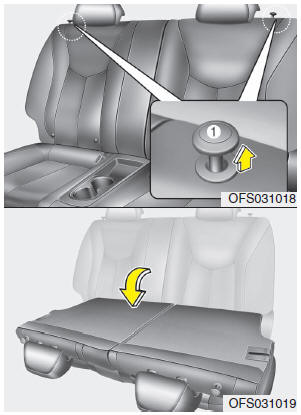 Hyundai Veloster: Rear seats. 4. Pull the lock release lever (1) and fold the rear seatback forward and down