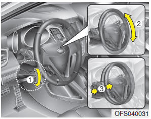Hyundai Veloster: Tilt steering / Tilt and telescope steering. To change the steering wheel angle, pull down the lock release lever (1), adjust