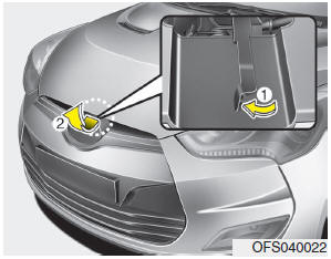 Hyundai Veloster: Opening the hood. 2. Go to the front of the vehicle, raise the hood slightly, pull the secondary