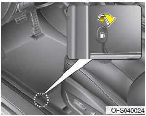 Hyundai Veloster: Opening the fuel filler lid. The fuel filler lid must be opened from inside the vehicle by pulling the fuel
