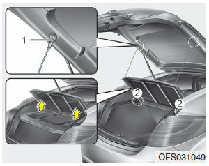 Hyundai Veloster: Shelf disassembly and installment. 1. Disassemble the wires(1) connected to left and right fixed hook.