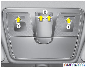 Hyundai Veloster: Map lamp. Push the lens (1) to turn the map lamp on or off. This light produces a spot