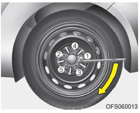 Hyundai Veloster: Changing tires. Then position the wrench as shown in the drawing and tighten the wheel nuts.
