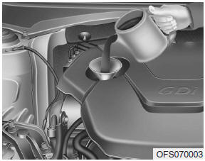 Hyundai Veloster: Checking the engine oil level. If it is near or at L, add enough oil to bring the level to F. Do not overfill.