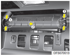 Hyundai Veloster: Climate control air filter. 3. Remove the climate control air filter cover while pressing the lock on the