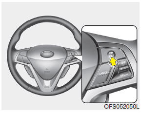 Hyundai Veloster: To set cruise control speed:. 1. Press the cruise ON/OFF button on the steering wheel, to turn the system on.