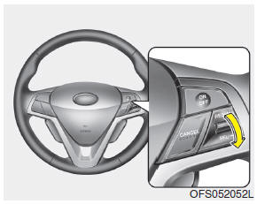 Hyundai Veloster: To set cruise control speed:. 3. Move the lever down (to SET-), and release it at the desired speed. The SET