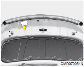 Hyundai Veloster: Refrigerant label. The refrigerant label is located on the underside of the hood.